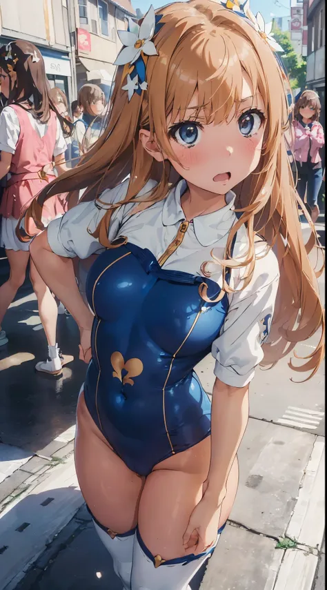 1womanl,Golden head hair,12year old ,((Impatient expression)),Beautiful breasts,(((Sexy magical girl white and blue high-leg bodysuit)))(())(((Blushing cheeks、Surprised look)),((())),((( portlate))),Blue eyes,(((Bangs are aligned)))()Street,Crowds(magical ...