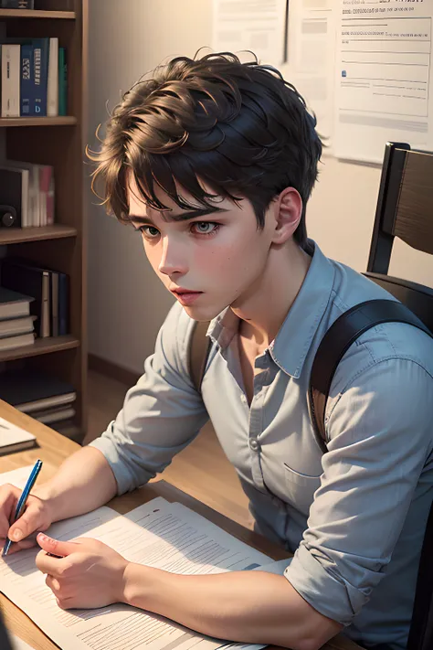 (Best quality at best,4K,8K,A high resolution,tmasterpiece:1.2),ultra - detailed,Adult boy studying in front of computer with focused expression，Study online materials,notebooks,digital devices,Educational environment,focus on learning,serious face express...