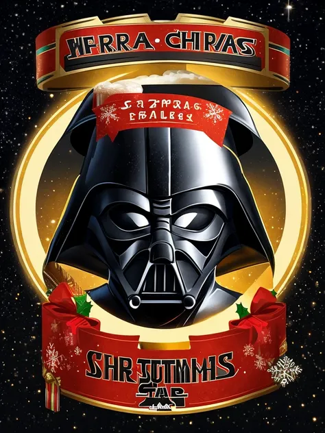 1 Christmas beer label, theme must be darth vader mask and star wars, use star wars font, starfield background, yellow letters, must contain following text "Christmas beer", minimize the amount of text