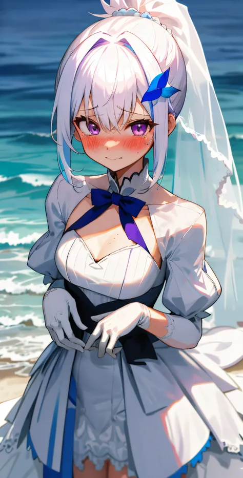 One girl with ponytail hair, bangs, white hair, blue inner hair, purple eyes, looking at viewer, blushing, embarrassed, little smile, tears, wedding venue, beach, flower, wedding dress, bridal veil, lace gloves, dizzy, mid-chest, perfect waist, spread legs...