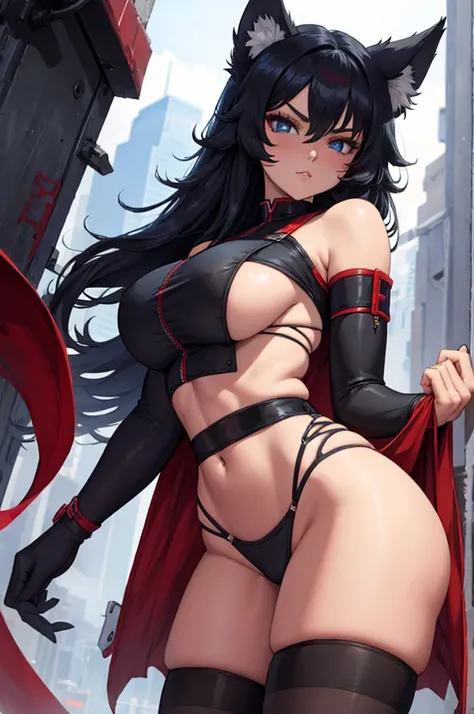 wolf girl, different colored eyes, red eye, blue eye, big boobs, big ass, black hair, wolf ears, anime girl, Little clothing, crop top, thigh highs