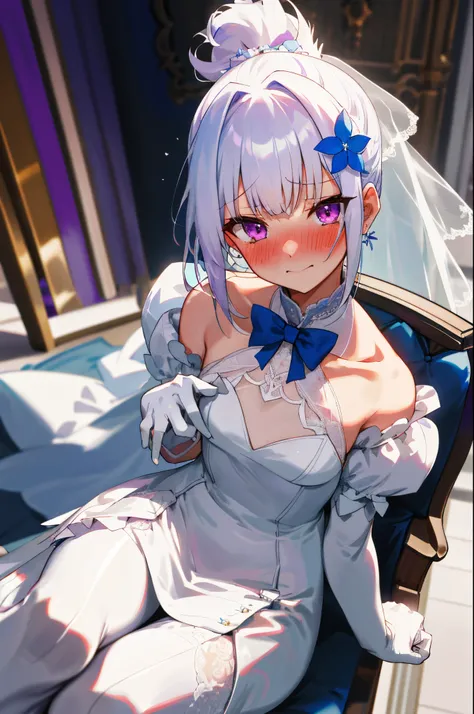 One girl with ponytail hair, bangs, white hair, blue inner hair, purple eyes, looking at viewer, blushing, embarrassed, little smile, tears, wedding venue, flower, wedding dress, bridal veil, lace gloves, dizzy, mid-chest, perfect waist, spread legs, day a...