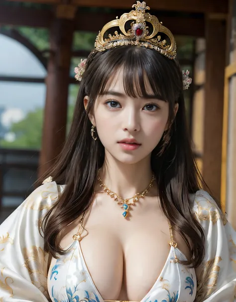 top-quality、​masterpiece、超A high resolution、（White Dragon Armor）、(((Colossal tits))),(((Variety of hairstyles))、(((Take different poses))),(Wearing a beautiful crown made of jewels),(Photorealsitic:1.4)、Raw photo、女の子1人、Golden hair、glowy skin、(((Japan Drago...