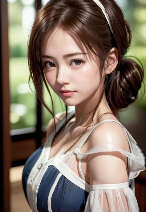 8K, of the highest quality, masutepiece:1.2), (Realistic, Photorealsitic:1.37), of the highest quality, masutepiece, Beautiful young woman, Pensive expression,、A charming、and an inviting look, Cute Maid Clothes, Hair tied back, Cinematic background, Light ...