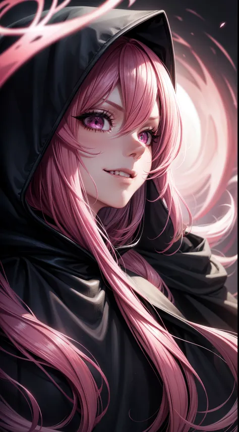 1girl, pink hair, long hair,  hd quality, 4k, 8k,,eyes, face, , evil, dark, face closeup, face, evil smirk, fangs, black background, face close up. dominant, dark, sideways, sideview, hooded, villain