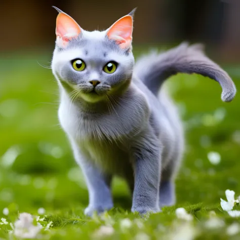 A gray female bat cat,cabelo curto azul e rosa,eterocromia azul e rosa,lions tail,biped