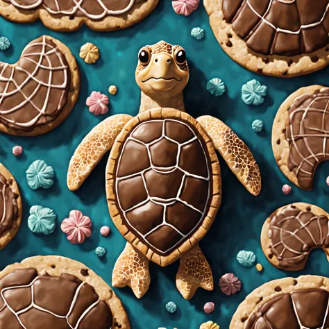 (symmetrical:1.3), (epic digital drawing:1.3), (shot from above:1.3) (close up:1.3), scrumptious cookie with a whimsical turtle design, let your imagination run wild as you transform the cookie canvas into a delightful edible artwork, charming turtle swimm...