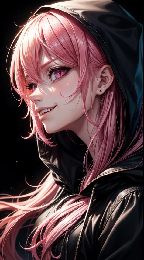 1girl, pink hair, long hair,  hd quality, 4k, 8k,,eyes, face, , evil, dark, face closeup, face, evil smirk, fangs, black backgro...