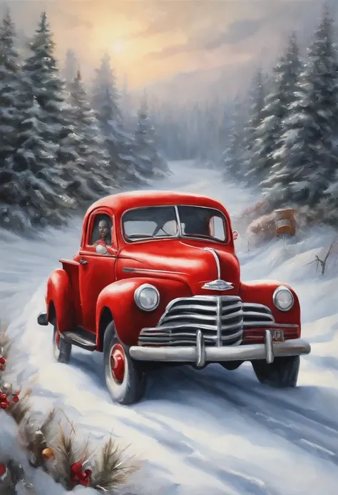 best quality, realistic, photorealistic, award-winning illustration, (intricate details: 1.2), (delicate detail), (intricate details), vintage black afro man as Santa Claus in a red car looking at the camera in a snow-filled lane, a photorealistic painting...