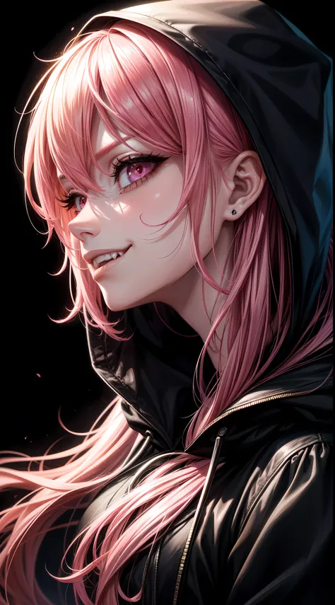 1girl, pink hair, long hair,  hd quality, 4k, 8k,,eyes, face, , evil, dark, face closeup, face, evil smirk, fangs, black background, face close up. dominant, dark, sideways, sideview, hooded, villain