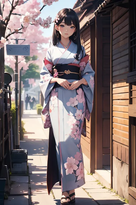 (Official art、Best Quality、Unity 8k Wallpapers、32K、​masterpiece、ultra-detailliert、超A high resolution、Cherry blossom kimono、realisitic、Photorealsitic:1.2)、(Cinematic lighting:1.2)、Fireglow effect、film grains、Best Shadows、Rim lighting、side lights、sideshot、(U...