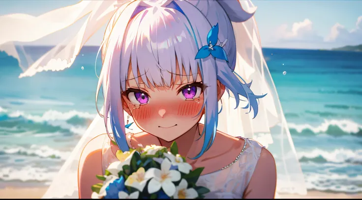 One girl with ponytail hair, bangs, white hair, blue inner hair, purple eyes, looking at viewer, blushing, embarrassed, little smile, tears, wedding venue, beach, flower, wedding dress, bridal veil, upper body, day atmosphere, hair ornament