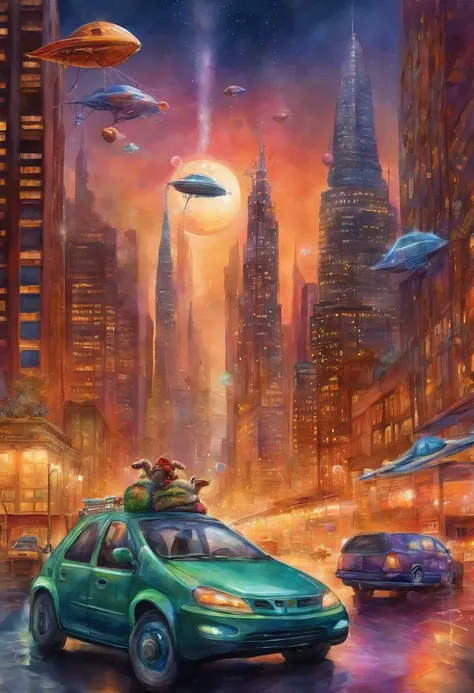 Imagine Afro Santa Claus and his reindeer in a car in a futuristic cityscape. The iridescent plasma fractals illuminate the towering skyscrapers and flying vehicles. The bubbles take the form of high-tech energy spheres, and the scene is bathed in a neon g...