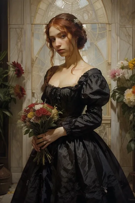 beautiful woman with red hair and purple dress, holding a bouquet of flowers in her hands, Fine Arts Portrait Photography, In the style of the High Renaissance, inspired by Floris van Dyck, inspired by Edward Robert Hughes, in a renaissance style, Pre-Raph...