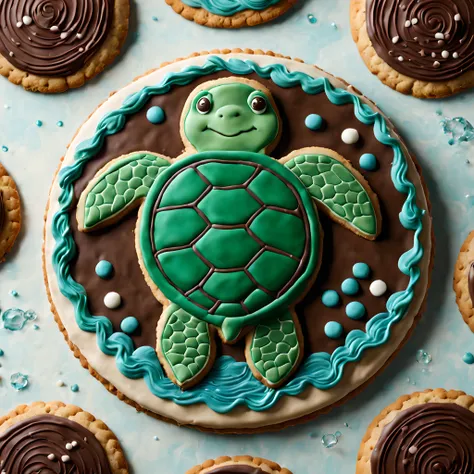 (shot from above:1.3) (close up:1.3), scrumptious big round cookie with a whimsical turtle design, let your imagination run wild as you transform the cookie canvas into a delightful edible artwork, charming turtle swimming in a chocolate sea