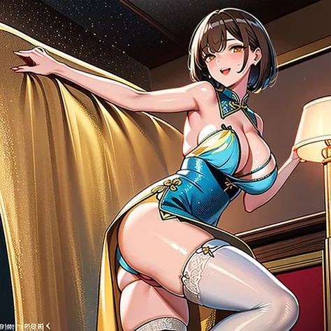 top-quality　8K 1 person　30 generations of beauty　Brown hair　Medium bob　Delighted　Bewitching laughter　Shyness　Glamour　(Peach-like breasts), ass like a melon　(White garter belt stockings)　(Blue　qipao dress　Gold embroidery　Deep slit　Sleeveless)　cleavage of th...