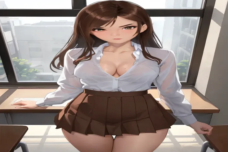 slim girl with brown hair and see through long sleeve blouse and brown skirt