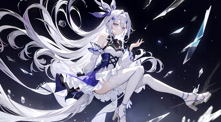 Lilac gradient hair,Asymmetrical hair,（（Hair is very thick 1.8，Hair is well-defined1.6））， Hair over the shoulder, messy  hair, Very long hair, shinny hair，(Long gray hair:1.2),A beautyful girl，（Luxurious Platinum Mini Lolita，Made of transparent material），（...