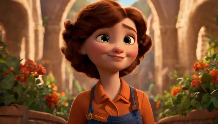 "Imagine a movie poster in the unmistakable Disney Pixar style. Na imagem, A young woman with medium-length hair stands out, ricamente castanhos, que exibem cachos bem definidos e volumosos. Her skin has a medium tone and her eyes are brown. The scene is m...