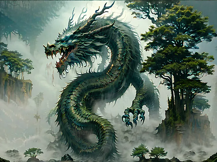 Best quality,masterpiece,ultra high res,nu no humans, (long:1.2),tree, teeth, sharp teeth, blue eyes, cloud, outdoors, 1other, fantasy, horns, sky, fog, open mouth, monster, scenery