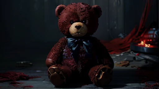 there is a teddy bear sitting on a wooden floor with a red blanket, teddy bear, freddy fazbear, made in unreal engine 4, the teddy bear is holding a gun, teddy fresh, linus sebastian, highly detailed horror, created in unreal engine 5, five nights at fredd...