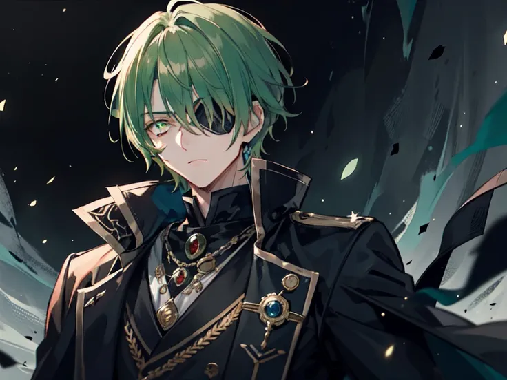 "Dark and epic atmosphere. Mature male with short sharp green hair, sharp golden eyes, and an eyepatch. He exudes imperial majesty."