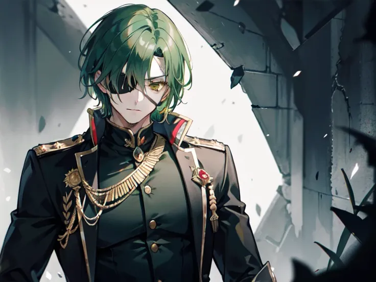 "Dark and epic atmosphere. Mature male with short sharp green hair, sharp golden eyes, and an eyepatch. He exudes imperial majesty."