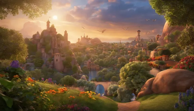 "Imagine a movie poster in the unmistakable Disney Pixar style. a pixa Disney cartoon of biblical time city in heaven very beautiful with big tall houses, bible times, a very beautiful place in heaven, birds flying in the sky, beautiful tress, animals, lio...