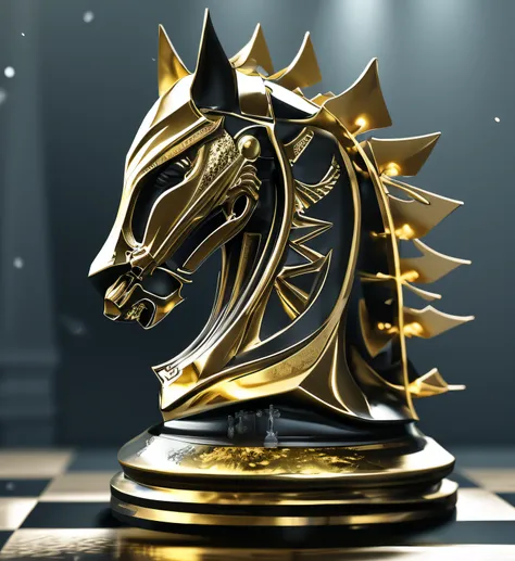 golden horse head on the chessboard, chess knight, Knight Chess, 3D sculpture with 8 K octane rating, depicted as a 3 d render, 3-dimensional sculpture with an octane rating of 8 K, rendered in keyshot, chess figure, glowing chess knight, Developed in a bl...