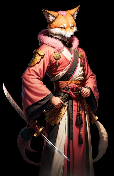 Male kitsune with pink and cyan fur holding a black katana