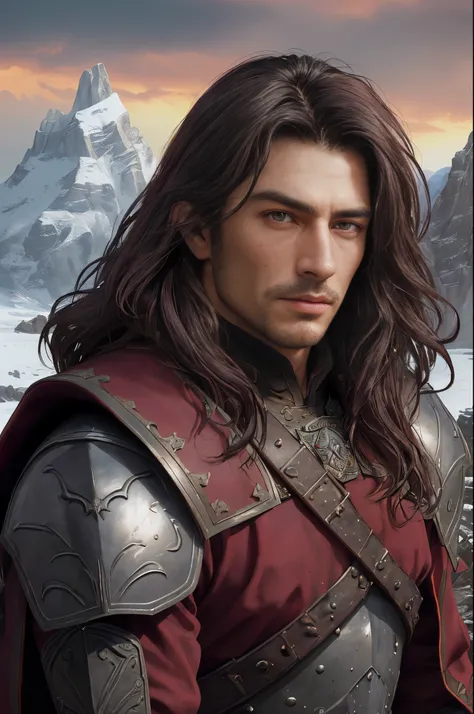 Oil portrait of a handsome man, dark hair, strong-willed face, handsome face, warrior in armour, burgundy cloak, landscape of northern lands in the background