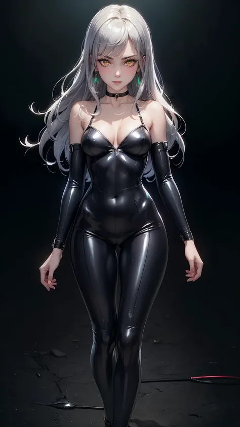 ((((masterpiece, best quality, high resolution)))), (1girl:1.5), ((long silky hair, silver hair, yellow eyes, earrings, choker)), (medium breasts:1.2), blush, light smile, parted lips, glow, thighs, bare shoulders, collarbone, narrow waist, (slender body f...