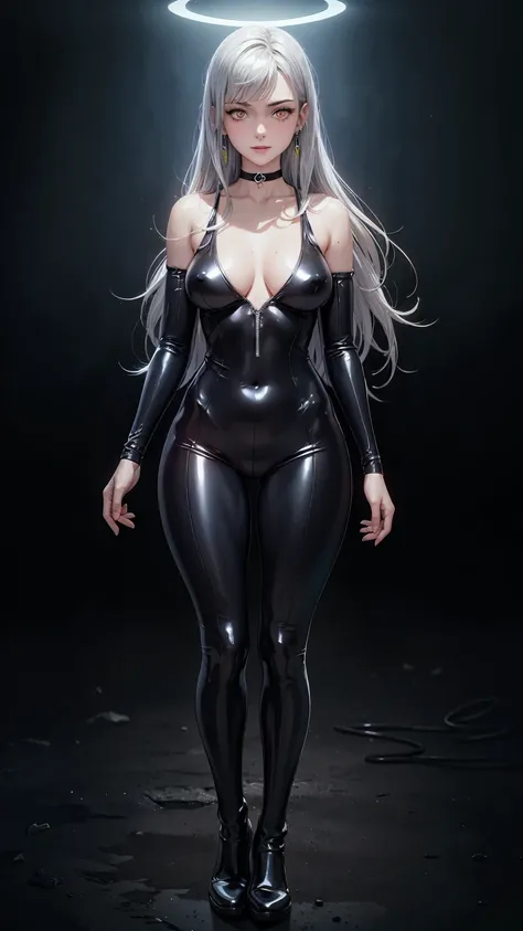 ((((masterpiece, best quality, high resolution)))), (1girl:1.5), ((long silky hair, silver hair, yellow eyes, earrings, choker)), (medium breasts:1.2), blush, light smile, parted lips, glow, thighs, bare shoulders, collarbone, narrow waist, (slender body f...