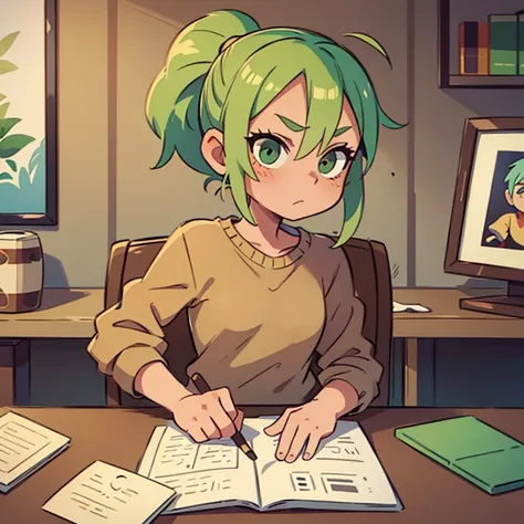 A  girl, light green hair pulled back into a ponytail, Brown sweatshirt, lilt, Beige eyes, portraite of a, sits in a chair