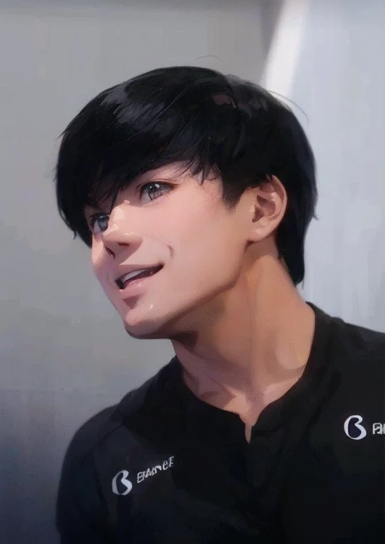 1 man, black hair, black t-shirt, smile, handsome, anime