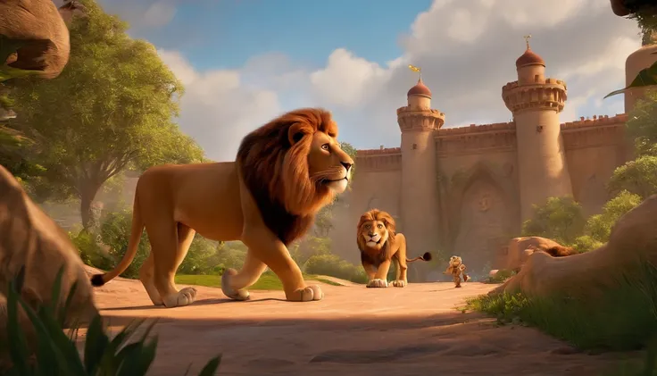 "Imagine a movie poster in the unmistakable Disney Pixar style. a pixa Disney cartoon of biblical time city in heaven, a 7 year old girl playing and running around with lions, in heaven very beautiful with big tall houses, bible times, a very beautiful pla...