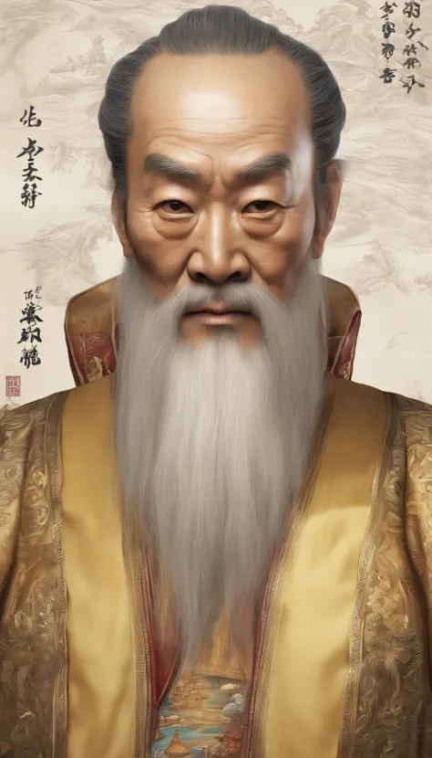 Old Man of the East，Frontal portrait of ancient Chinese figures（Portrait of Confucius 1.0），Audience visual inspection（Lens perspective），White haired man，hair-bun，no headwear。ginger clothes。Light yellow background（Drawing paper texture 1.5）。hyper HD, retina...