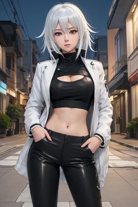 a woman in black pants and a white jacket standing on a street, female anime character, single character full body, seductive anime girl, anime full body illustration, girls frontline style, anime character, attractive anime girl, anime vtuber full body mo...