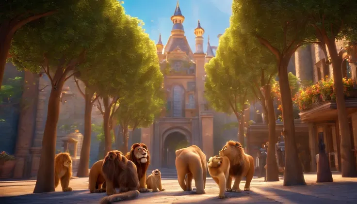 "Imagine a movie poster in the unmistakable Disney Pixar style. a pixa Disney cartoon of biblical time city in heaven very beautiful with big tall houses, bible times, a very beautiful place in heaven, birds flying in the sky, beautiful tress, animals, lio...