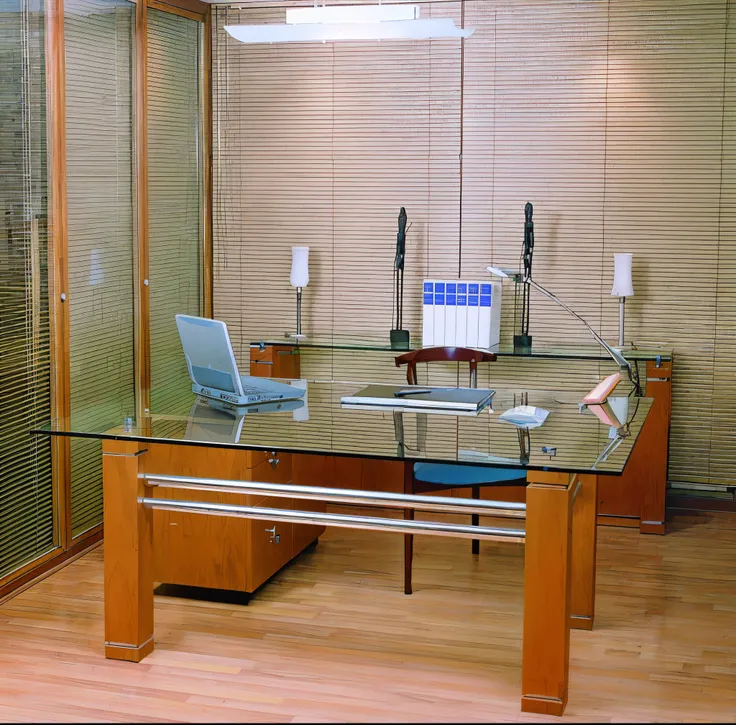 there is a glass desk with a laptop on it in a room, office furniture, modern office, office interior, office room interior, offices, transparent glass surfaces, big desk, set inside of office, backrooms office space, desks, wooden desks with books, office...