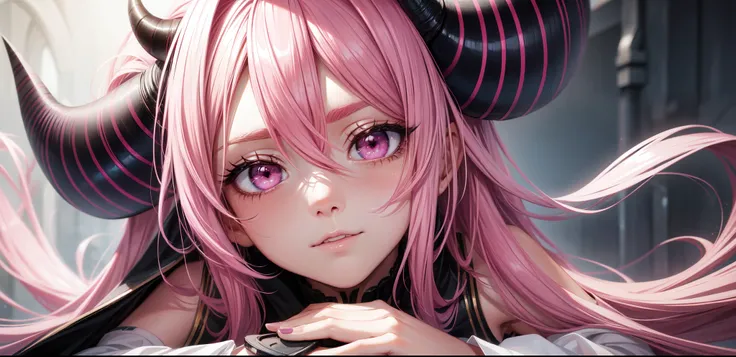 1girl, pink hair, long hair,  hd quality, 4k, 8k,,eyes, face, pink hair, black horns, eyes closeup, eyes, beautiful eyes, evil eyes, narrow eyebrows, pretty iris, eyes, eyes close up