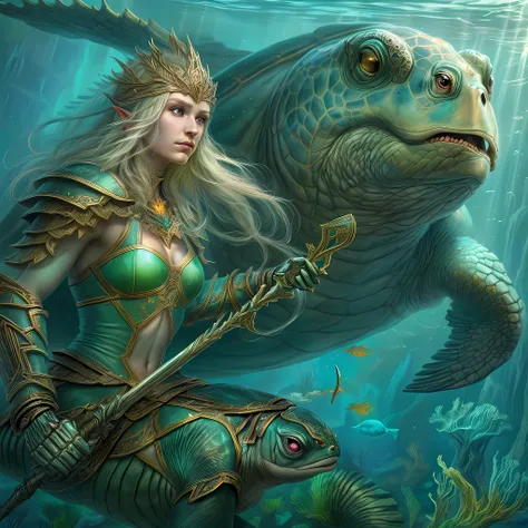 fantasy art, RPG art, a picture of a sea elf ranger riding her sea turtle mount under the sea, an exquisite beautiful female elf ultra feminine, druid, cleric of sea, (best details, fantasy art, Masterpiece, best quality: 1.4) with a long curvy hair, light...