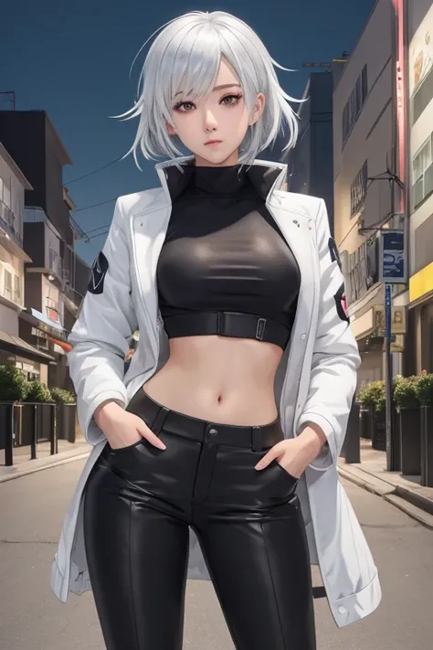 a woman in black pants and a white jacket standing on a street, female anime character, single character full body, seductive anime girl, anime full body illustration, girls frontline style, anime character, attractive anime girl, anime vtuber full body mo...