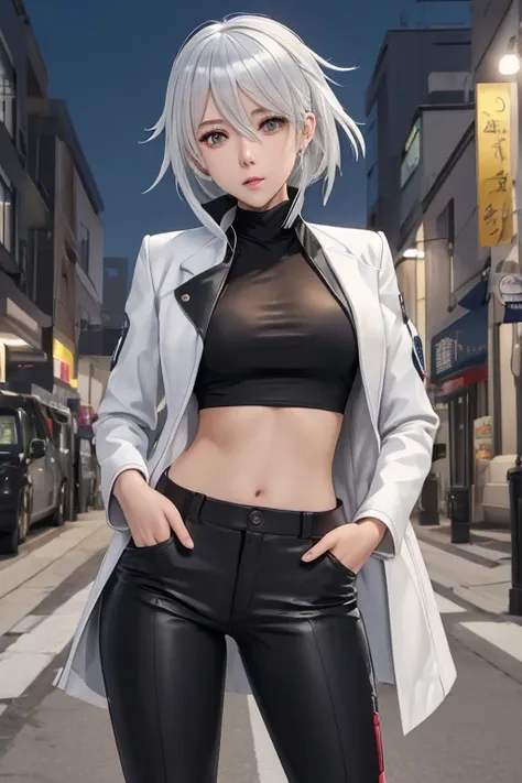 a woman in black pants and a white jacket standing on a street, female anime character, single character full body, seductive anime girl, anime full body illustration, girls frontline style, anime character, attractive anime girl, anime vtuber full body mo...