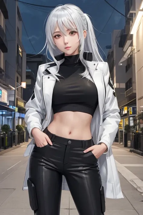 a woman in black pants and a white jacket standing on a street, female anime character, single character full body, seductive anime girl, anime full body illustration, girls frontline style, anime character, attractive anime girl, anime vtuber full body mo...