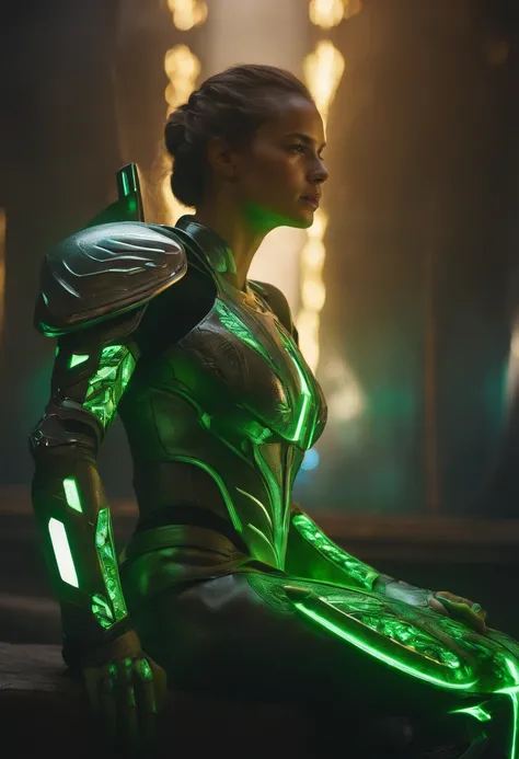 Embark on an extraordinary visual journey through a sci-fi masterpiece that redefines excellence. Behold the Star Warrior, adorned in state-of-the-art silver tech armor, striking a dynamic pose against an alien landscape bathed in a mesmerizing green neon ...