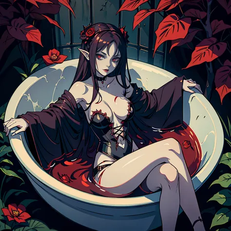 gothic woman in a bathtub with blood, carmilla vampire, persephone as goddess of death, macabre art, scary queen of death, lilith, goddess of death, queen of death, beautiful vampire queen, sitting in a pool of blood, dark fantasy horror art, creepy!!, nig...