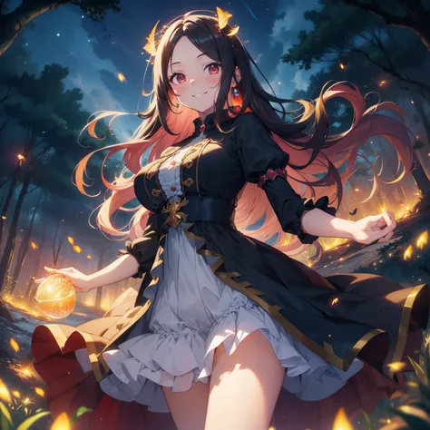 (masutepiece,Best Quality,8K),(extremely detailed CG1.1),teens girl,Smile,large boob,(From below:1.2),Intricate details , Hyper realistic, Perfect Anatomy,A dark-haired,Red Eyes,(((Forehead))),Permed hair with wavy hair,(((length hair))),Hair over one eye,...