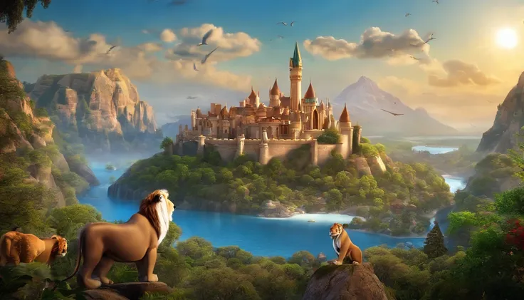 "Imagine a movie poster in the unmistakable Disney Pixar style. a pixa Disney cartoon of biblical time city in heaven very beautiful with big tall houses, bible times, a very beautiful place in heaven, birds flying in the sky, beautiful tress, animals, lio...