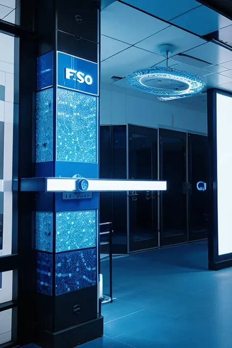 create a blue Logo with the word FSO highlighted, fish core., esportivo, 3D, cena completa filmada, Fantasia, design fractal, limpo. for monitoring access control and time clock